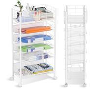 6 Tier Metal Mesh File Trolley with Lockable Wheels, Slim Rolling File Cart Desk Side Organiser, Mobile Book Storage Cart for Home Office Dorm School Classroom Teacher Library White