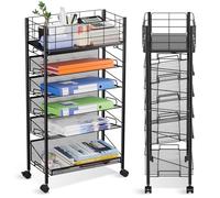 6 Tier Metal Mesh File Trolley with Lockable Wheels, Slim Rolling File Cart Desk Side Organiser, Mobile Book Storage Cart for Home Office Dorm School Classroom Teacher Library Black
