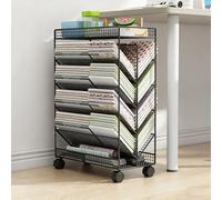 6 Tier Rolling Book Cart, Large Capacity Mobile Magazine Rack with Wheels, Space-saving Double Sided V Shaped Metal Library Cart for Storing Books, Magazines, Newspapers