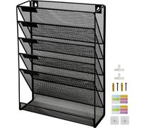 6 Tier Upgrade Mesh Wall File Holder Organizer with Bottom Flat Tray, Medium Mesh Vertical Hanging File Organizer, Office Hanging File Folder Magazine Rack, Nametag Label Hooks Set Included, Black