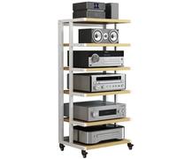 6-Tier Video Stand with Lockable Wheels - Modern Corner Shelf for Home Theater, Open Design, Stylish White & Walnut Finish, Multi-Use Mediarage Rack
