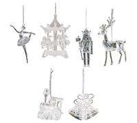 6 Transparent Acrylic Christmas Tree Ornaments Including Angel Bell Rocking Horse Train and Dancer for Holiday Home Setting