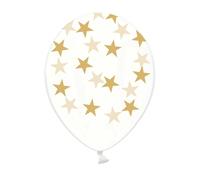 6 Transparent latex balloons with gold stars 30 cm