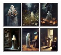 6 Vintage Ghost Wall Art - Gothic Spooky Funny Home Decor - Dark Forest Cute Ghost Paintings - Halloween Pumpkin Lantern