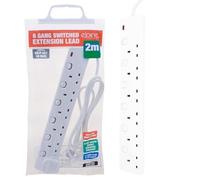 6 Way, 2 Metre Extension Cable - Cord, Electric Mains Power Socket Plug 13 Amp, LED, Individual Socket Switch | UK Plug 3 Pin Socket Outlet | Ideal For Emergency Use (6 Way, 2m Switched)