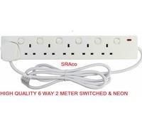6 Way Gang 2 Meter Switched Extension Lead Cable Socket UK Mains Power Plug