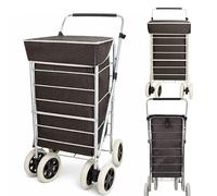 6 Wheel Shopping Trolley - Foldable, Extra Large, Capacity 75.6L, with Adjustable Handle, Lightweight 6-Wheel Premium Model, 102cm, 5.25kg, Push/Pull, Black