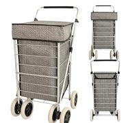 6 Wheel Shopping Trolley - Foldable, Extra Large, Capacity 75.6L, with Adjustable Handle, Lightweight 6-Wheel Premium Model, 102cm, 5.25kg, Push/Pull, Grey