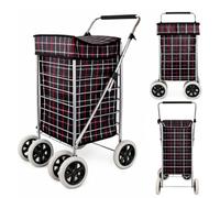 6 Wheel Shopping Trolley - Foldable, Extra Large, Capacity 75.6L, with Adjustable Handle, Lightweight 6-Wheel Premium Model, 102cm, 5.25kg, Push/Pull, Black/Red, Polyester