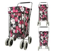 6 Wheel Shopping Trolley - Foldable, Extra Large, Capacity 75.6L, with Adjustable Handle, Lightweight 6-Wheel Premium Model, 102cm, 5.25kg, Push/Pull, Pink Flower, Polyester