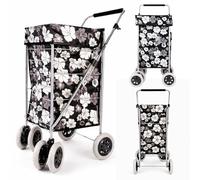 6 Wheel Shopping Trolley - Foldable, Extra Large, Capacity 75.6L, with Adjustable Handle, Lightweight 6-Wheel Premium Model, 102cm, 5.25kg, Push/Pull, Black/White Flower
