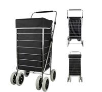 6 Wheel Shopping Trolley - Foldable, Extra Large, Capacity 75.6L, with Adjustable Handle, Lightweight 6-Wheel Premium Model, 102cm, 5.25kg, Push/Pull (Black)
