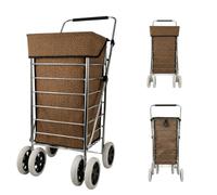 6 Wheel Shopping Trolley - Foldable, Extra Large, Capacity 75.6L, with Adjustable Handle, Lightweight 6-Wheel Premium Model, 102cm, 5.25kg, Push/Pull, Brown
