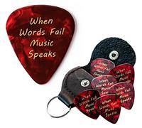 6 When Words Fail Music Speaks Guitar Picks with Leather Holder Keyring
