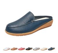 6 Women's Flat Mules Backless Slip on Slides Ladies Mule Clogs Comfort Flower Loafer Leather Flats Shoes Flats Round Toe Mules #3_Blue