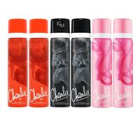 6 x 75ml Charlie RED, BLACK, PINK Fragrance Deodorant Body Spray - Classic scent