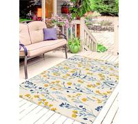 6' x 9' Outdoor Rug Blue Yellow Floral Area Rug for Patio RV Deck & Porch Lightweight Washable Summer Botanical Carpet WaterAbsorbent Camping Mat