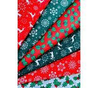 6 X Christmas Snowflakes Gingerbread Men Dogs Polycotton Fabric Fat Quarters Bundle - Sewing Quilting Dress Fabric - Simply Sew Crafty™ (Hollies-Red&Green)
