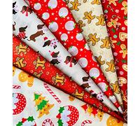 6 X Christmas Snowflakes Gingerbread Men Dogs Polycotton Fabric Fat Quarters Bundle - Sewing Quilting Dress Fabric - Simply Sew Crafty™ (Red & Cream)