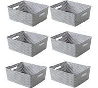 6 x Curver Plastic Storage Basket Grey Rattan Effect Medium Rectangular Tub Box