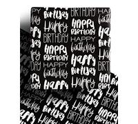 6 x Eco Happy Birthday Wrapping Paper Sheets - Premium Recyclable Black and White Wrapping Paper 70cm x 50cm. Eco Friendly 100% Recycled Gift Wrap (6-pack)