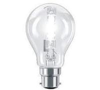 6 x Energy saving Halogen Dimmable GLS light bulbs. BC (B22) 60w equivalent light. Eveready brand. Bayonet cap fitting. Clear 240v