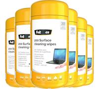 6 x Fellowes Performance 200 Pack Multi Surface Tech Wipes Tub | Anti-Static & Alcohol Free | Remove Dirt/Grease Work Space & Devices | 1200 Wipes in Total