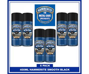 6 x Hammerite SMOOTH BLACK 400ml Direct To Rust Smooth Quick Drying Spray Paint