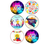 6 x Happy Holi Party Pack - Edible Wafer or Icing Cupcake Toppers Celebration Party Cake Decorations Perfect For Brownies Cookies Muffins & More! (Edible Wafer Card)