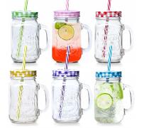6 X Jam Jar Glasses Mason Handle Lid Straw Juice Drink Glass Drinking 500ml Set