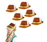 6 X Ladies Brown & Yellow Bavarian Hat Fancy Dress Accessory Tyrolean Beer Festival Hat Unisex Oktoberfest With White Feather on the Side