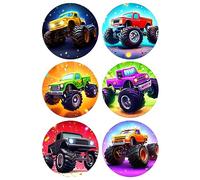 6 x Monster Truck Mix Edible Wafer Card Cupcake Toppers Cake Party Decorations