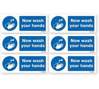 6 x Now Wash Your Hands Sign - Self adhesive vinyl sticker 40mm x 100mm - Pack of 2