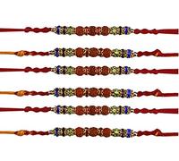 6 x Rakhi Thread Raksha Bandhan Rudraksh Stones Or Wooden Beads Hindu Indian Festival Wrist Band Rakhi for Brother Friendship Bracelet Raksha Bandhan Gift (Rakhi Design 2)
