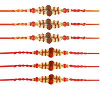 6 x Rakhi Thread Raksha Bandhan Rudraksh Stones Or Wooden Beads Hindu Indian Festival Wrist Band Rakhi for Brother Friendship Bracelet Raksha Bandhan Gift (Rakhi Design 14)