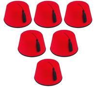 6 x Red Fez Hats - Fancy Dress Costume Accessories for Adults - Tommy Cooper, Turkish, Moroccan & Magician Style Hat with Black Tassel - Unisex Adult for Men & Women - Bulk Pack for Group Costumes