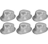6 X SEQUIN TRILBY HAT IN RED, BLACK, SILVER, GOLD, PURPLE, GREEN OR PINK FANCY DRESS ACCESSORY FEDORA HATS BULK GANGSTER 1920'S MENS & LADIES (SILVER)