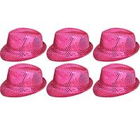 6 X Sequin Trilby Hat in Red, Black, Silver, Gold, Purple, Green or Pink Fancy Dress Accessory Fedora Hats Bulk Gangster 1920's Mens & Ladies (Pink)