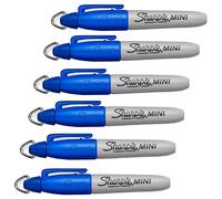 6 x Sharpie Mini Permanent Marker Pens with Keyring for Keys, Chains & lanyards, Fine Point, Blue - Loose in Plain Packaging