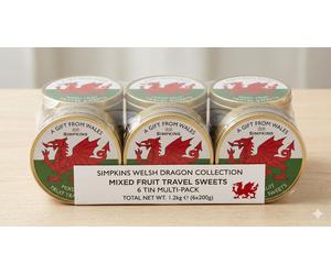 6 x Simpkins Mixed Fruit Travel Sweets Tins Welsh Red Dragon Bulk Pack 200g Tins
