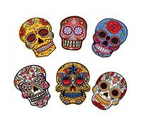6 X Sugar Skull Mexican Day of The Dead Celebration Calabera Souls Halloween Embroidered Clothing Patches Appliques Iron On Sew On Fabric Badges Ghost DIY Scary Accessory October 31 Party Favor Gifts