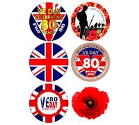 6 x VE Day 80th Anniversary Party Pack Edible Cupcake Toppers - Wafer Card or Icing - War Celebration Themed Party Decorations Perfect For Brownies Cookies Muffins & More! (Premium Icing Sheet)