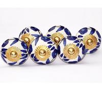 6 x White Round knob with Light and Dark Blue Flowers (Brass Fittings) Ceramic Cupboard Door knob Drawer Pull Shabby Chic Handle Porcelain