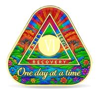 6 Year Colorful Garden Triangle Sobriety Coin - Journey into Serenity NA Medallion - Spiritual Token for Recovery & Clean Time - Empowering NA AA Chips - Gift for Men & Women