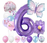 6 Year Set Number Foil Balloon, 22 PCS Blue Purple, Butterfly Flower Balloon, Children's Birthday & Festival Party Decoration - Number 6 Balloon