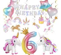 6 Years Old Birthday Decorations Kit with 3D Self Standing Unicorn, Star Heart Balloons, Hanging Swirls for Princess Theme Girls Kids Magical Party Supplies