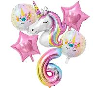 6 Years Old Birthday Decorations Unicorn Balloon Set - 6PCS Large Foil Balloons with 3D Unicorn, Number 6, Stars & Hearts for Girls’ Birthday Party Decorations