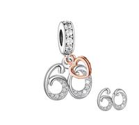 60 60th Birthday Number Rose Gold Love You Heart Bead Pendant 925 Sterling Silver Dangle Compatible With Pandora Moments Charm Bracelet