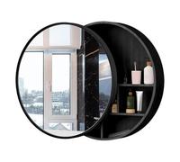 60/70cm Bathroom Mirror Cabinet Sliding Bathroom Wall Mounted Mirror Cabinet Round Wall Solid Wood Large Furniture Storage Mirror(Black70cm/27.5in)