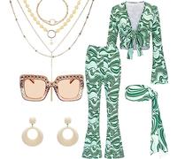 60/70s Disco Fancy Dress for Women, 1970s Hippie Costume Outfit with Flared Top Trousers Headband Necklace Earrings Bracelet Waist Chain Glasses Hippy Style Clothes for Ladies Dress Up Retro Party